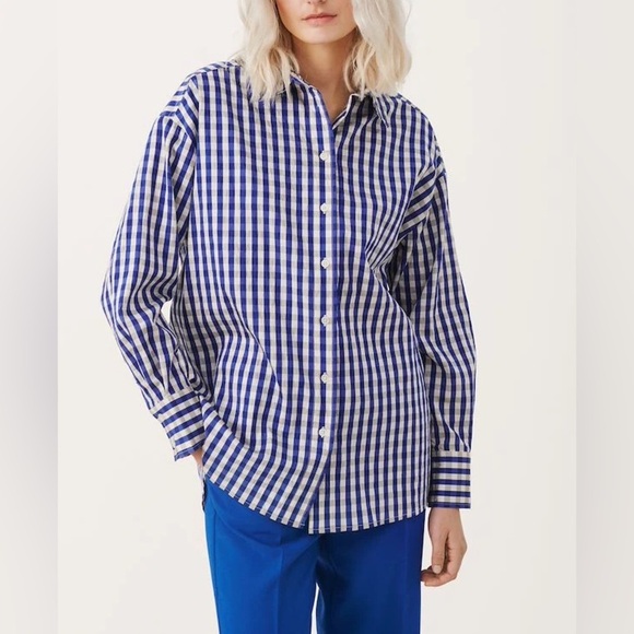 Women’s Part Two Regan blouse Blue checks oversized buttoned shirt sz 34 / small - Picture 1 of 14